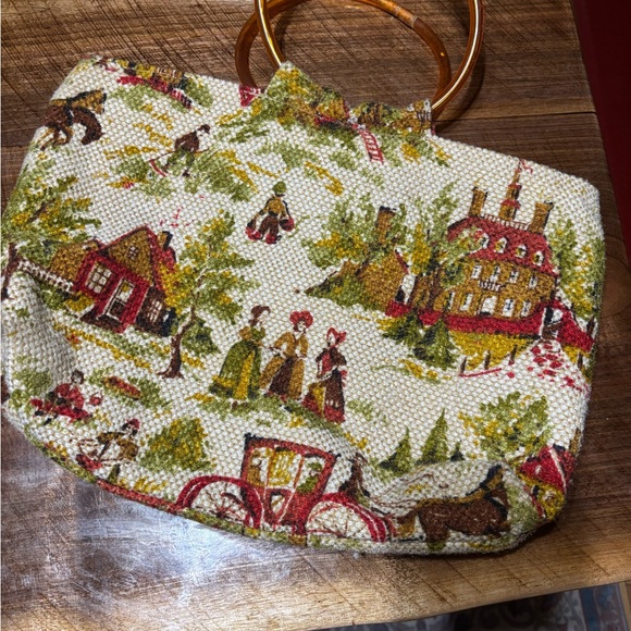 Vintage Print Women Bag with Wooden Handle - Picture 2 of 9